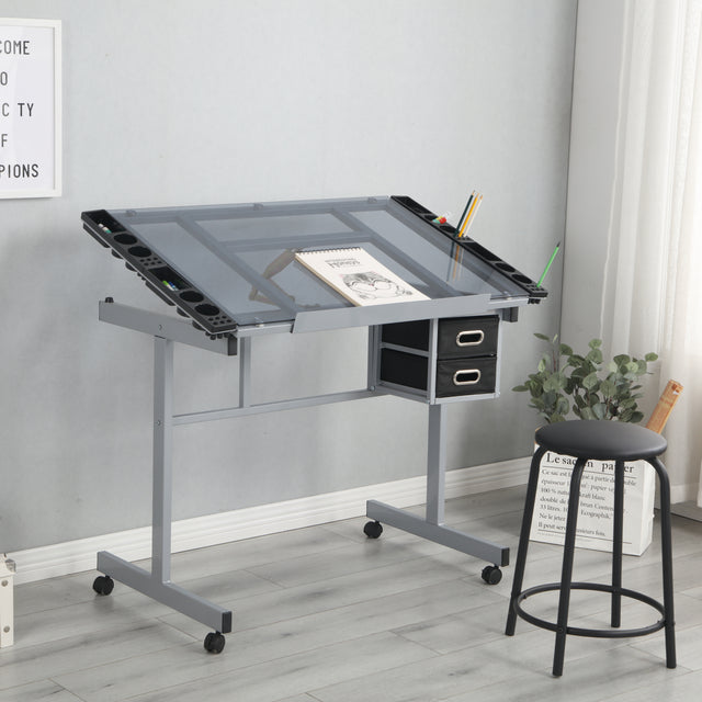 Adjustable Art Drawing Desk Craft Station Drafting with 2 Non-woven fabric Slide Drawers and 4 Wheels