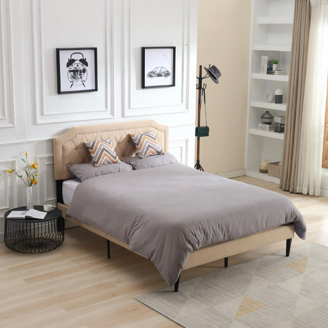 Modern Linene Beige Curved Upholstered Bed (Queen)