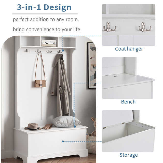 ON-TREND Hall Tree with 4 Hooks and Hinged Lid, Coat Hanger, Entryway Bench, Storage Bench, 3-in-1 Design, for Entrance, Hallway (White)