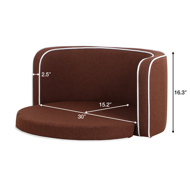 35" Brown Pet Sofa with Wooden Structure and Linen Goods White Roller Lines on the Edges Curved Appearance pet Sofa with Cushion