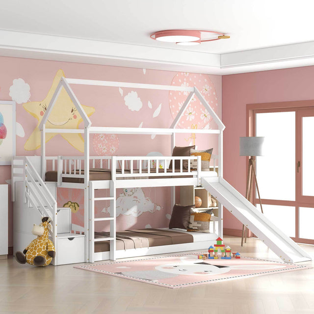 Twin Over Twin Bunk Bed with Drawers and Slide, House Bed with Slide,White(OLD SKU :LT000215AAK)