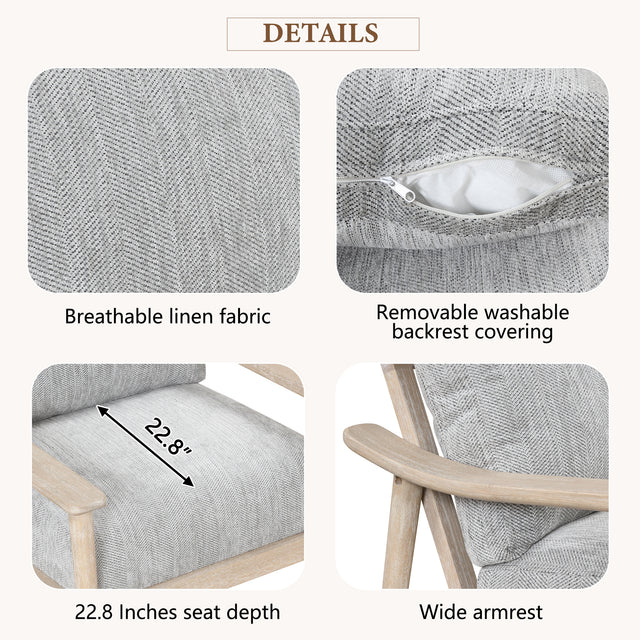 【EAT 3.10】Mid Century Modern Chair with Solid Wood Frame,Arm Chair with Vertical Slatted Back,Thick Pad Upholstered Accent Chair for Living Room, Bedroom, Belcony, Natural