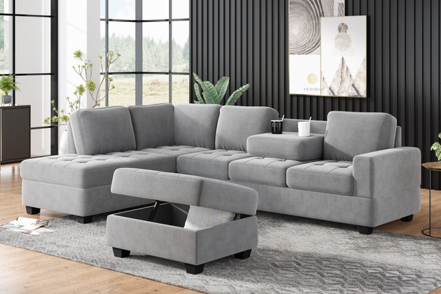 Orisfur. Modern Sectional Sofa with Reversible Chaise, L Shaped Couch Set with Storage Ottoman and Two Cup Holders for Living Room
