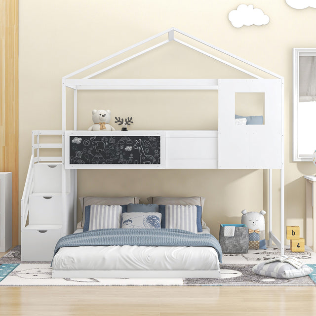 Twin over Full House Bunk Bed with Storage Staircase and Blackboard,White