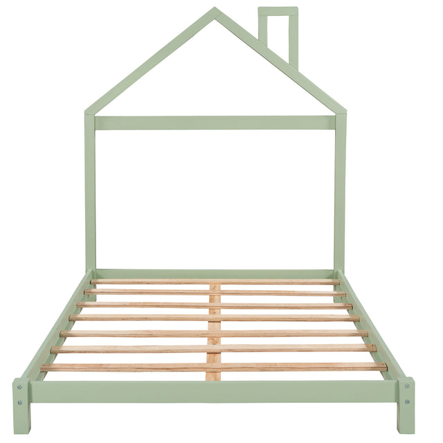 Full Size Wood Platform Bed with House-shaped Headboard (Green)