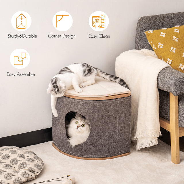 Cat House Cat Bed for Cats, Wooden Corner Cat House Cave with 2 Washable Cushions
