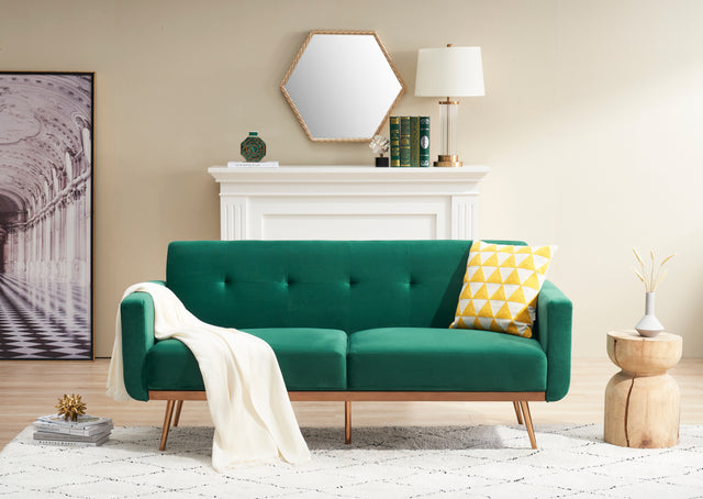 Modern green velvet sand living room sofa with midfoot and two throw pillows