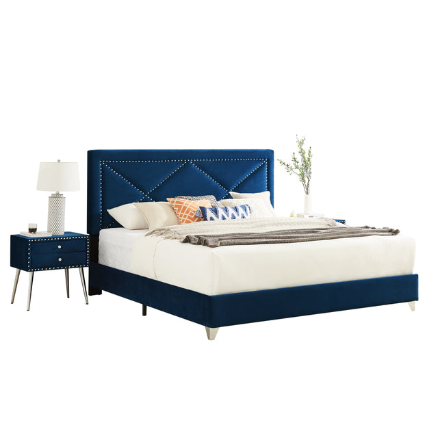 B109 King bed with one nightstand,Beautiful brass studs adorn the headboard, strong wooden slats + metal legs with Electroplate
