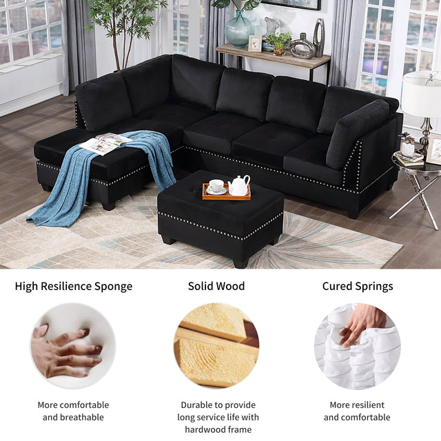 104.5" Reversible Sectional Sofa Space Saving with Storage Ottoman Rivet Ornament L-shape Couch for Small or Large Space Dorm Apartment,Black(旧SG000406AAA)