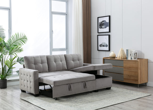 77 Inch Reversible Sectional Storage Sleeper Sofa Bed , L-Shape 2 Seat Sectional Chaise With Storage , Skin-Feeling Velvet Fabric ,Light Grey Color For Living Room Furniture