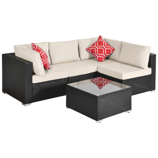Outdoor Garden Patio Furniture 5-Piece PE Rattan Wicker Cushioned Sofa Sets with 2 Pillows and Coffee Table, outdoor couch;outdoor sectional;porch furniture;patio couch;outdoor sofa;patio furniture se