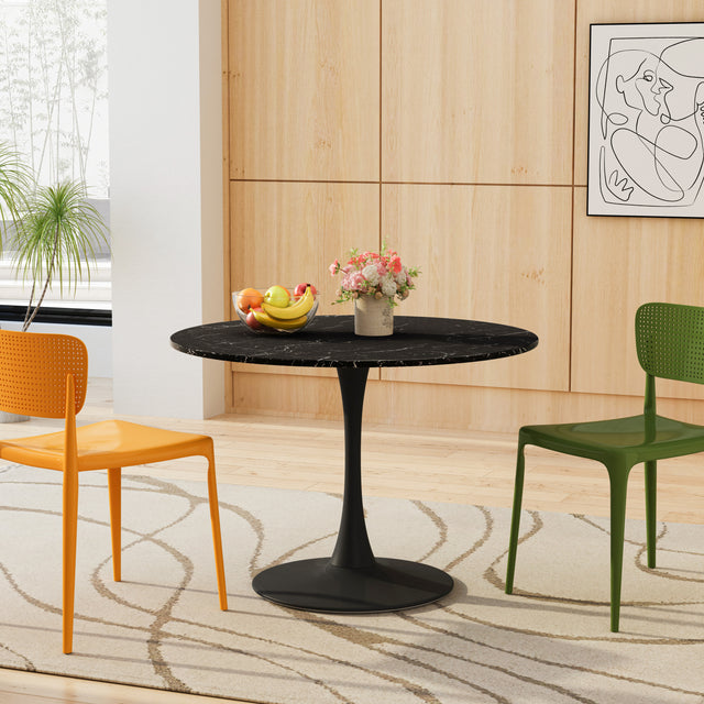 42.12"Modern Round Dining Table with Printed Black Marble Table Top,Metal Base Dining Table, End Table Leisure Coffee Table