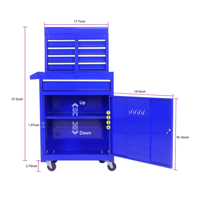 Detachable 5 Drawer Tool Chest with Bottom Cabinet and one Adjustable Shelf--Blue