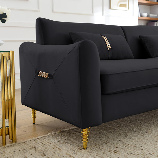 80.3" Modern Sofa Couch Upholstered Sofa Tufted Back Comfy Velvet Long Couch with 2 Pillows and Golden Legs for Living Room, Bedroom, Office, Apartment, Black