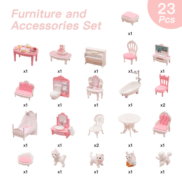 Wooden Dollhouse for Kids with 24 pcs Furniture Preschool Dollhouse House Toy for Kids,S