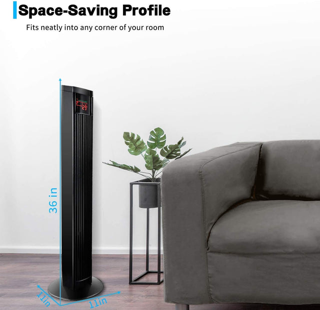 Simple Deluxe 36’’ Electric Oscillating Tower Fan with Remote Controland Large LED Display, Great for Indoor, Bedroom and Home Office, Black