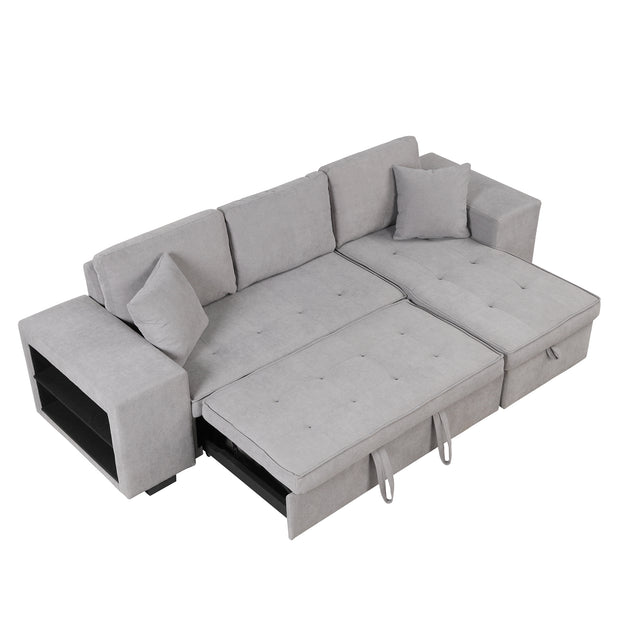 104" Pull Out Sleeper Sofa Reversible L-Shape 3 Seat Sectional Couch with Storage Chaise and 2 Stools for Living Room Furniture Set,Gray