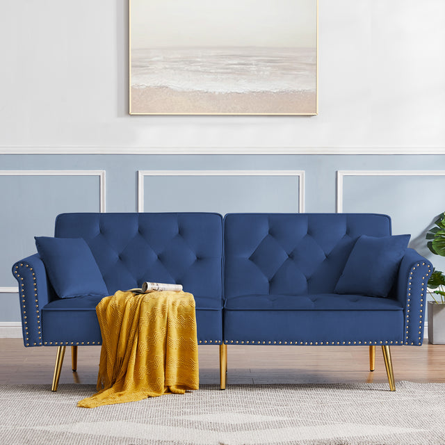 Modern Velvet Tufted Sofa Couch with 2 Pillows and Nailhead Trim, Loveseat Sofa Futon Sofa Bed with Metal Legs for Living Room.