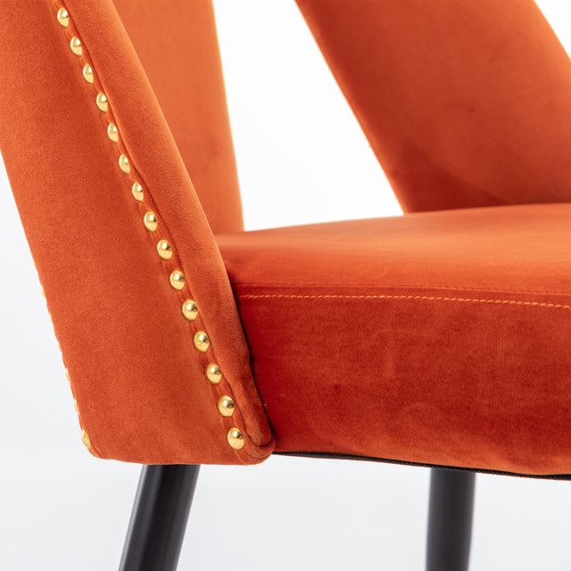 A&A Furniture,Akoya Collection Modern | Contemporary Velvet Upholstered Dining Chair with Nailheads and Gold Tipped Black Metal Legs, Orange,Set of 2