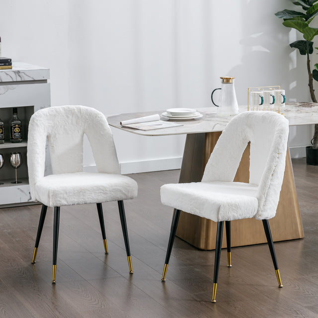 A&A Furniture,Akoya Collection Modern | Contemporary Rabbit Fur Fibre Upholstered Dining Chair with Nailheads and Gold Tipped Black Metal Legs, Cream White,Set of 2