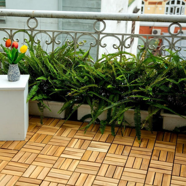 12" x 12" Square Teak Wood Interlocking Flooring Tiles Checker Pattern Pack of 10 Tiles