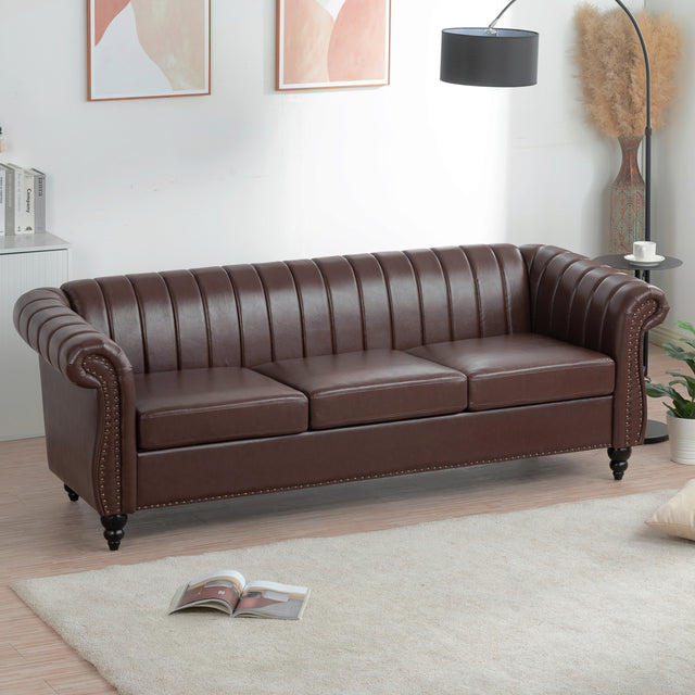 83.46'' Brown PU Rolled Arm Chesterfield Three Seater Sofa.