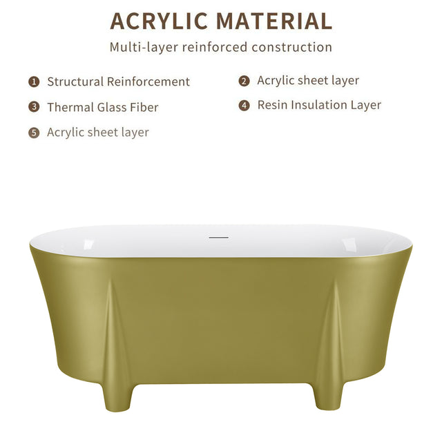59" 100% Acrylic Freestanding Bathtub,Contemporary Soaking Tub,White inside and gold outside,Four corner bathtub