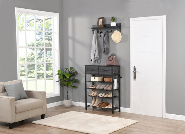 Entryway 4-tier Shoe Shelf with Two Drawers and Coat Rack, One Set Entryway Show Rack with Storage and Hooks