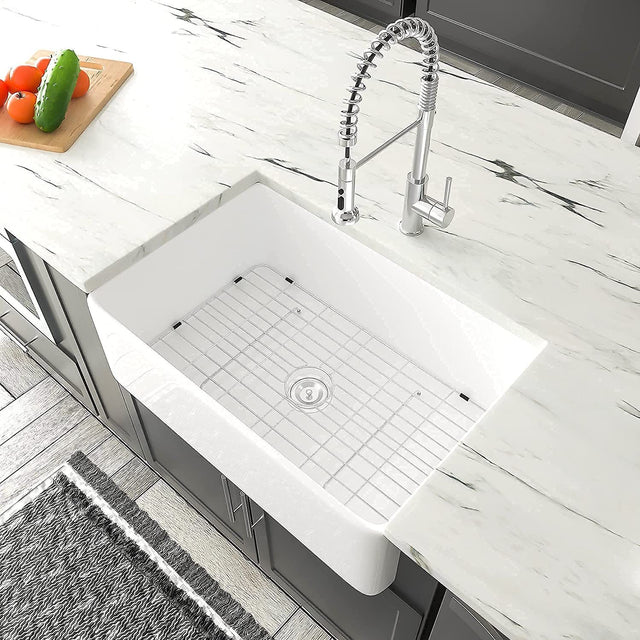 33" L X 20" W Single Basin Ceramic Farmhouse Kitchen Sink with Basket Strainer