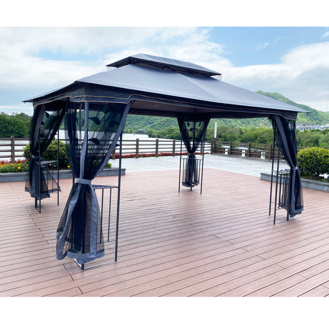13x10 Outdoor Patio Gazebo Canopy Tent With Ventilated Double Roof And Mosquito net(Detachable Mesh Screen On All Sides),Suitable for Lawn, Garden, Backyard and Deck,Gray Top