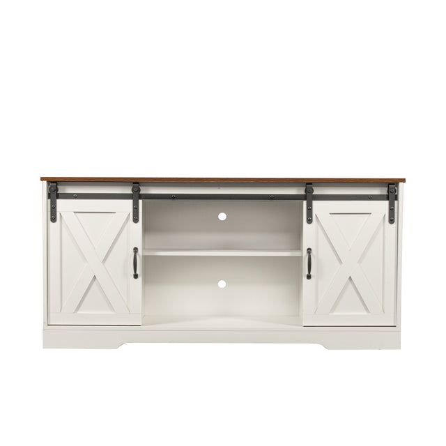TV Stand Sliding Barn Door Modern&Farmhouse Wood Entertainment Center, Storage Cabinet Table Living Room with Adjustable Shelves for TVs Up to 65", Distressed White&Rustic