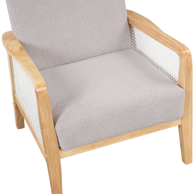 【EAT 3.10】Mid-Century Armchair Rattan Mesh Upholstered Accent Chair,Teddy Short Plush Particle Velvet Armchair for Living Room,Bedroom, Office, Studio,Grey