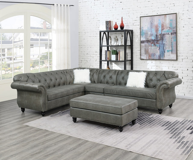 Living Room XL- Cocktail Ottoman Slate Grey Leatherette Accent Studding Trim Wooden Legs
