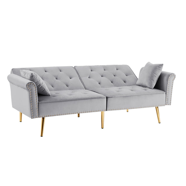 Modern Velvet Tufted Sofa Couch with 2 Pillows and Nailhead Trim, Loveseat Sofa Futon Sofa Bed with Metal Legs for Living Room.