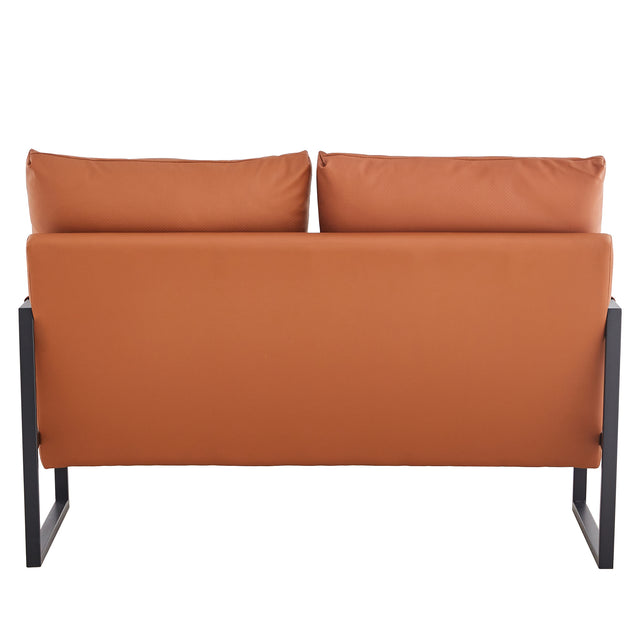 Modern Two-Seater Sofa Chair with 2 Pillows - PU Leather, High-Density Foam, Black Coated Metal Frame.Brown