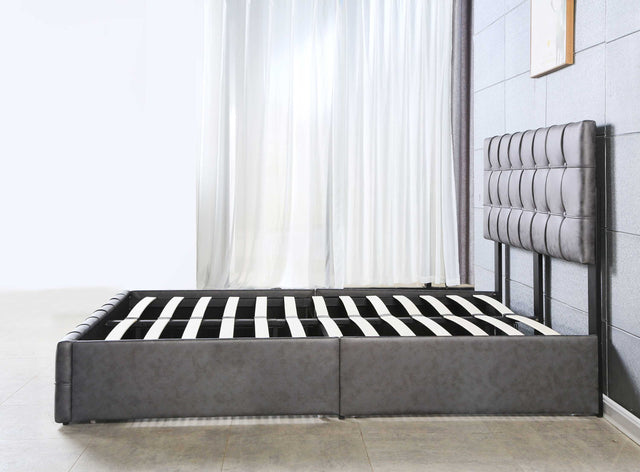 Hot Sale Queen Size Dark Grey Tech cloth Button Embedded Adjustable Headboard Height Upholstered Platform Bed Frame with Storage Drawers