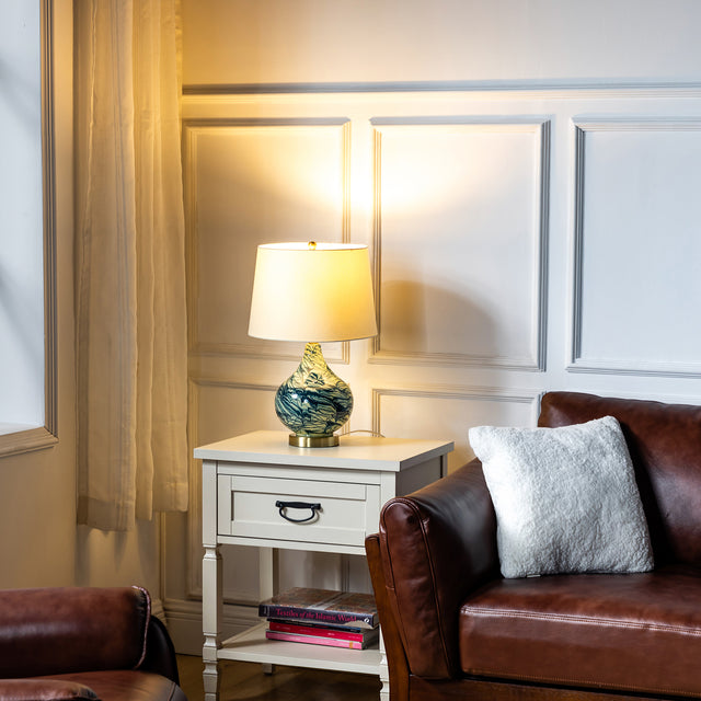 Pelion 20" Modern LED Bedside Table Lamp with Linen Shade and Glass Base