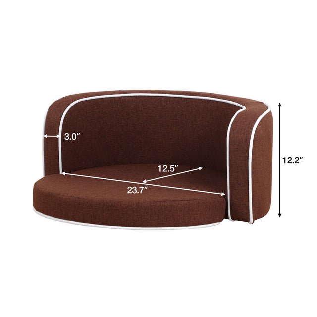 30" Brown Round Pet Sofa, Dog sofa, Dog bed, Cat Bed, Cat Sofa, with Wooden Structure and Linen Goods White Roller Lines on the Edges Curved Appearance pet Sofa with Cushion