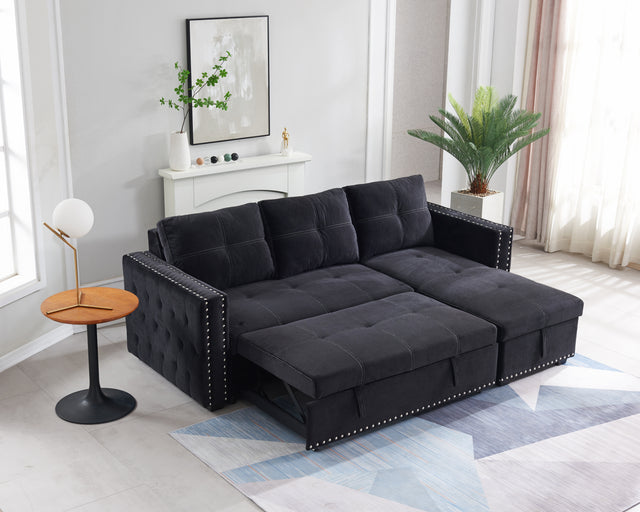 Sectional sofa with pulled out bed, 2 seats sofa and reversible chaise with storage, both hands with copper nail, BLACK, (91" x 64" x 37")