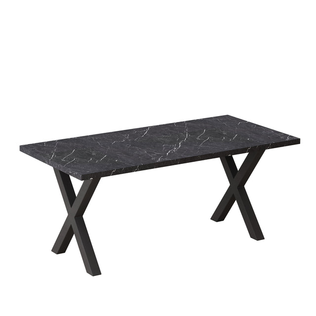70.87"Modern Square Dining Table with Printed Black Marble Table Top+Black X-Shape Table Leg