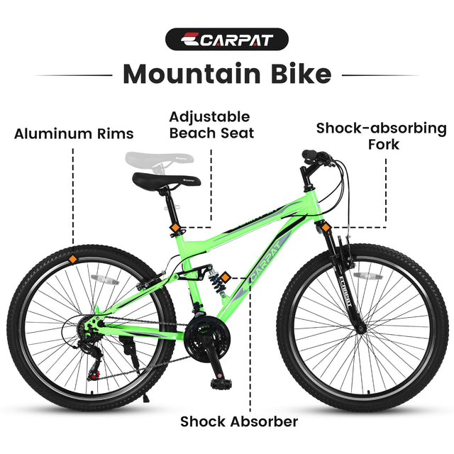 S26206 26" 21-Speed Bicycle for Adult, Front and rear shock absorption, Camping Bicycle, Height Adjustable ,Mountain Bicycle for Roadways, Mountains bike