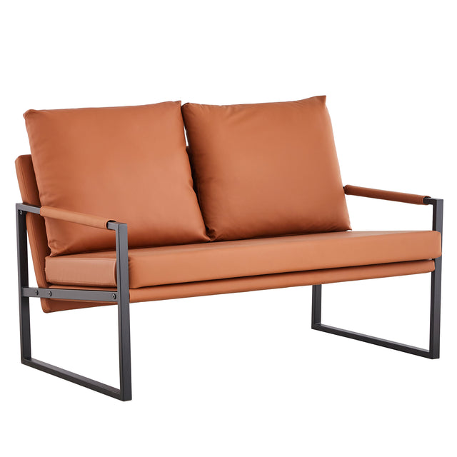 Modern Two-Seater Sofa Chair with 2 Pillows - PU Leather, High-Density Foam, Black Coated Metal Frame.Brown