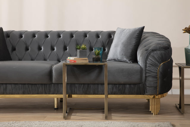 Vanessa Loveseat Livingroom Set in Grey and Gold with Fabric button-tufted velvet upholstery Finish