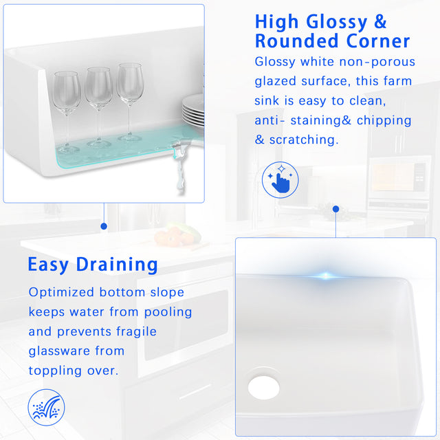 Fireclay 30" L X 20" W Farmhouse Arch Edge Apron Front Single Bowl Kitchen Sink