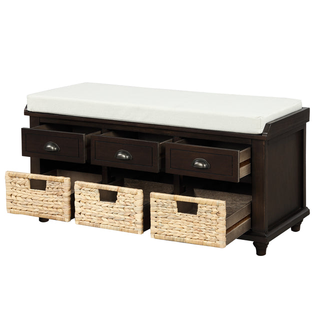 TREXM Rustic Storage Bench with 3 Drawers and 3 Rattan Baskets, Shoe Bench for Living Room, Entryway (Espresso)