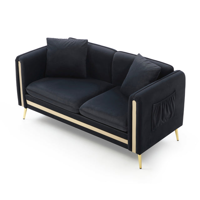 59” Modern Upholstered Velvet Loveseat Sofa 2 Seater Couch with Removable Cushions Side Pocket Mid-Century Tufted Living Room Set Gold Metal Legs ,2 Pillows Included,Black