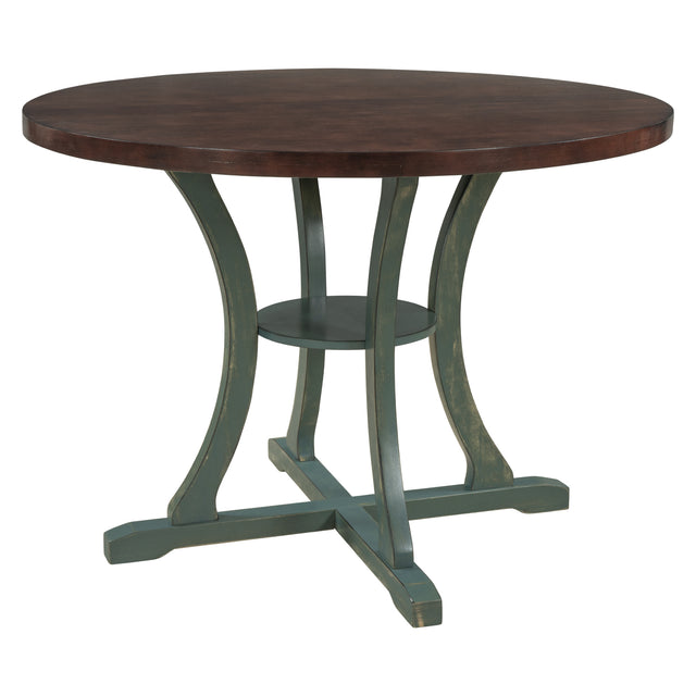 TREXM 5-Piece Round Dining Table and 4 Fabric Chairs with Special-shaped Table Legs and Storage Shelf (Antique Blue/ Dark Brown)