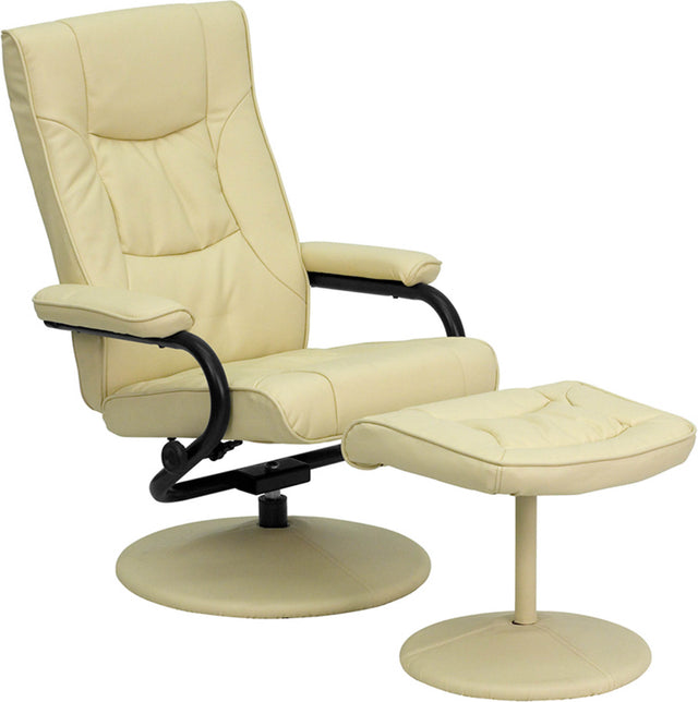 Contemporary Cream Leather Recliner and Ottoman with Leather Wrapped Base
