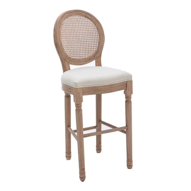 Hengming French Country Wooden Barstools Rattan Back With Upholstered Seating , Beige and Natural ,Set of 2