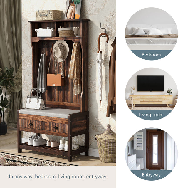 U-Can Hall Tree with 4 Hooks and Hinged Lid, Coat Hanger, Entryway Bench, Storage Bench, 3-in-1 Design, 69INCH, for Entrance, Hallway (Tiger)